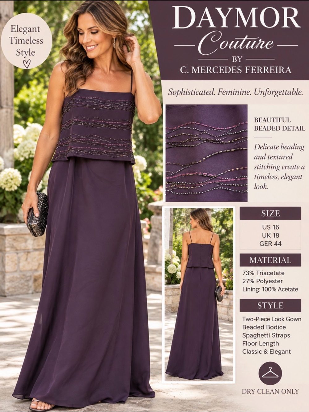 Daymor Couture Two-Piece Beaded Maxi Dress in Plum